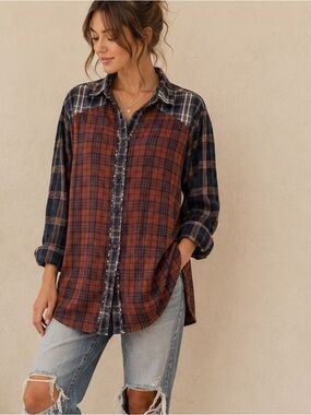 NATURAL LIFE Rust & Navy Plaid Button-Down Shirt